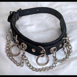 Sexy and Spicy Thick Leather Collar with D-Rings, O-Rings & Interlocking Chains
